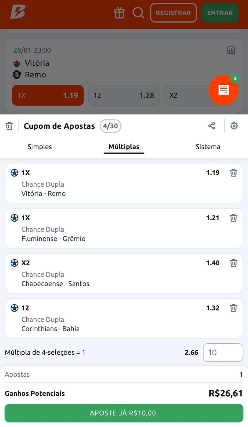 Captura de tela mostra apostas múltiplas com Chance Dupla na Betano.