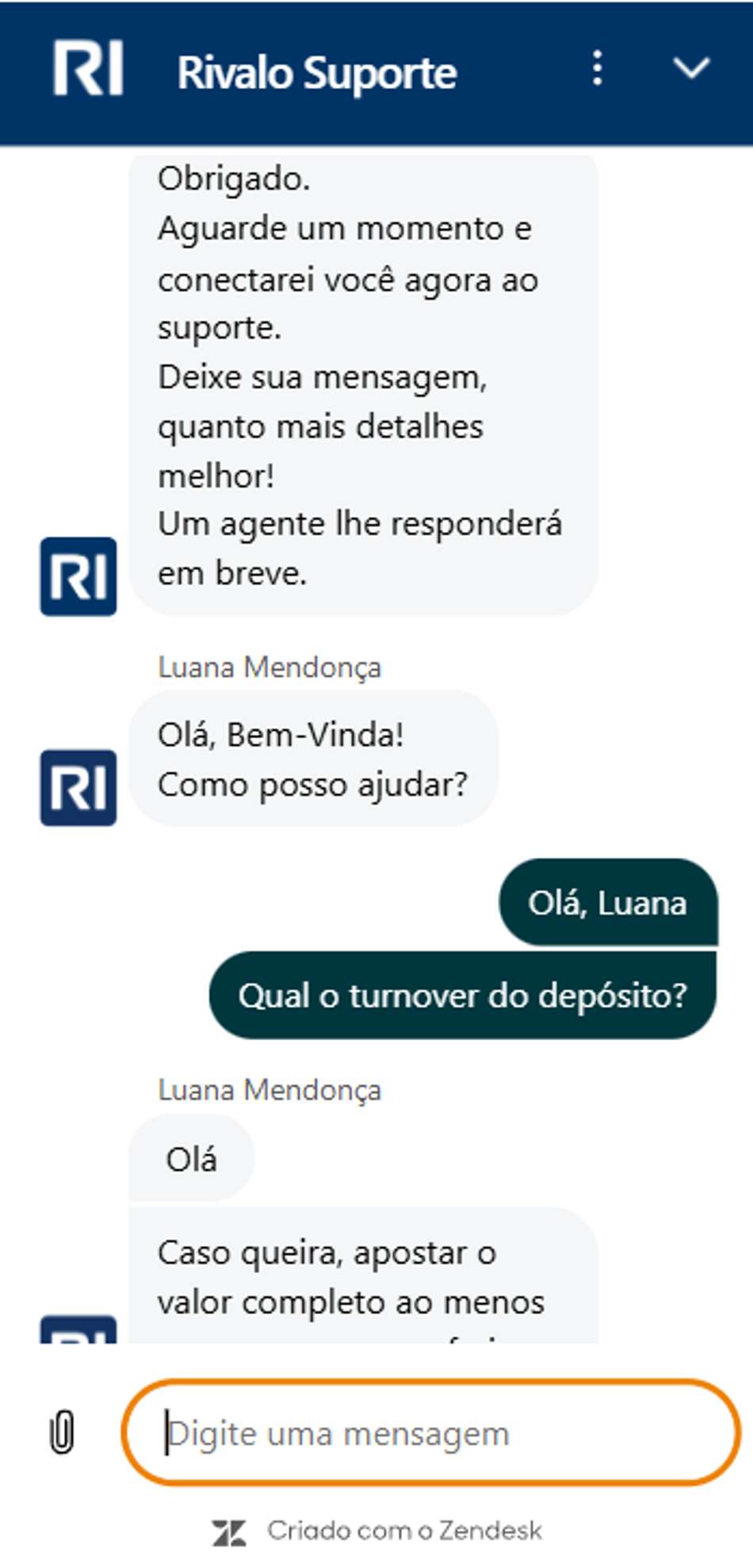 Chat ao vivo da Rivalo com atendimento ao cliente em andamento