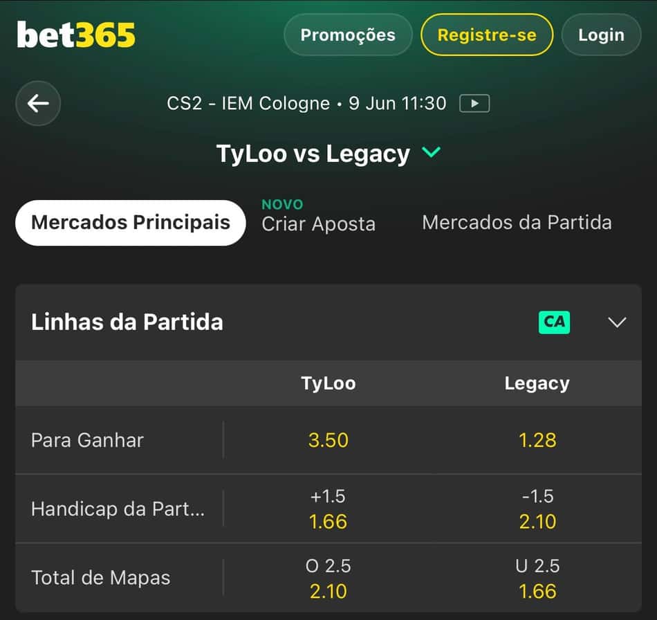 Captura da tela do mercado de Handicap na bet365 em CS2.