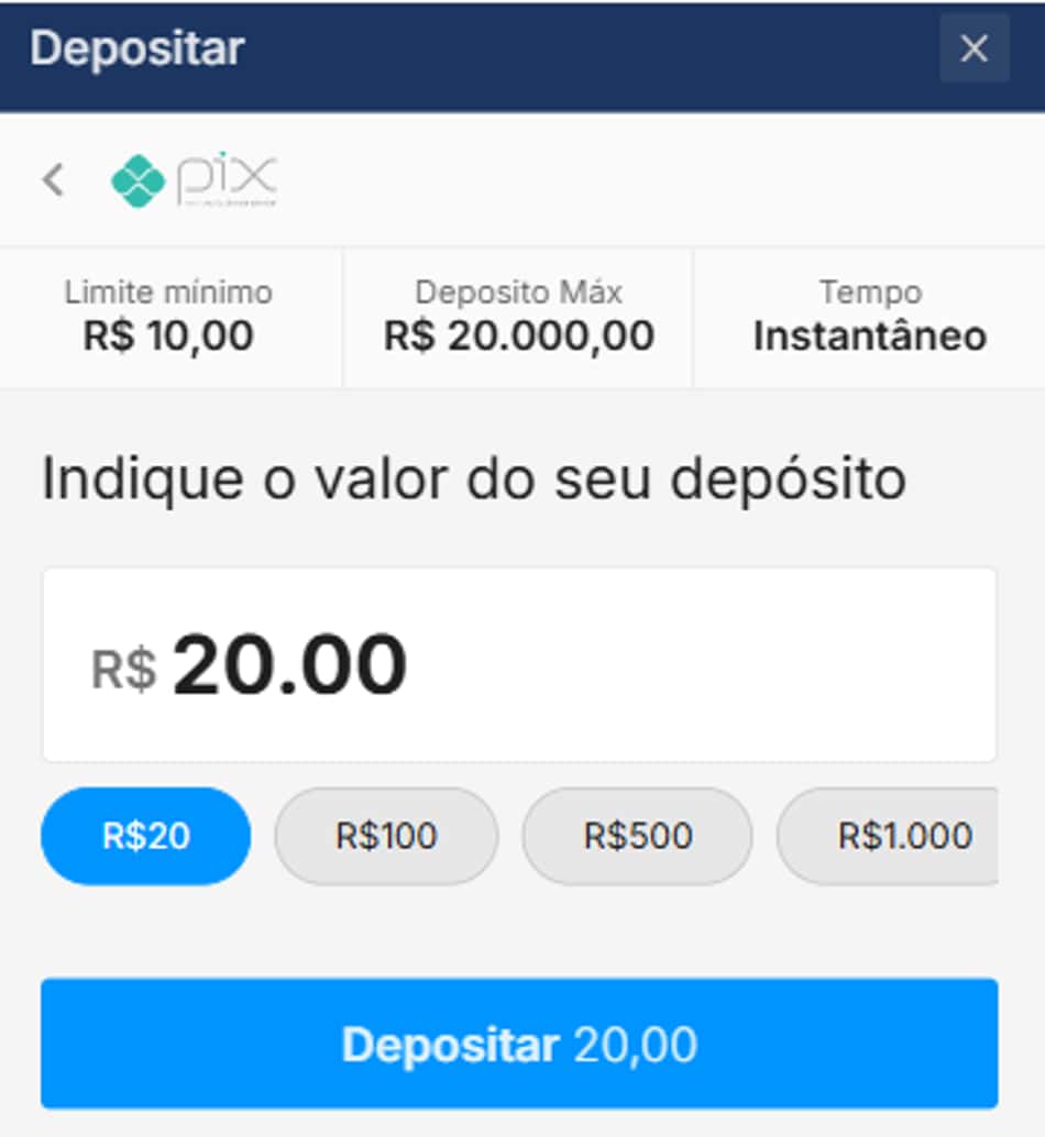 Tela de depósito na Rivalo via Pix com valor selecionado de R$20