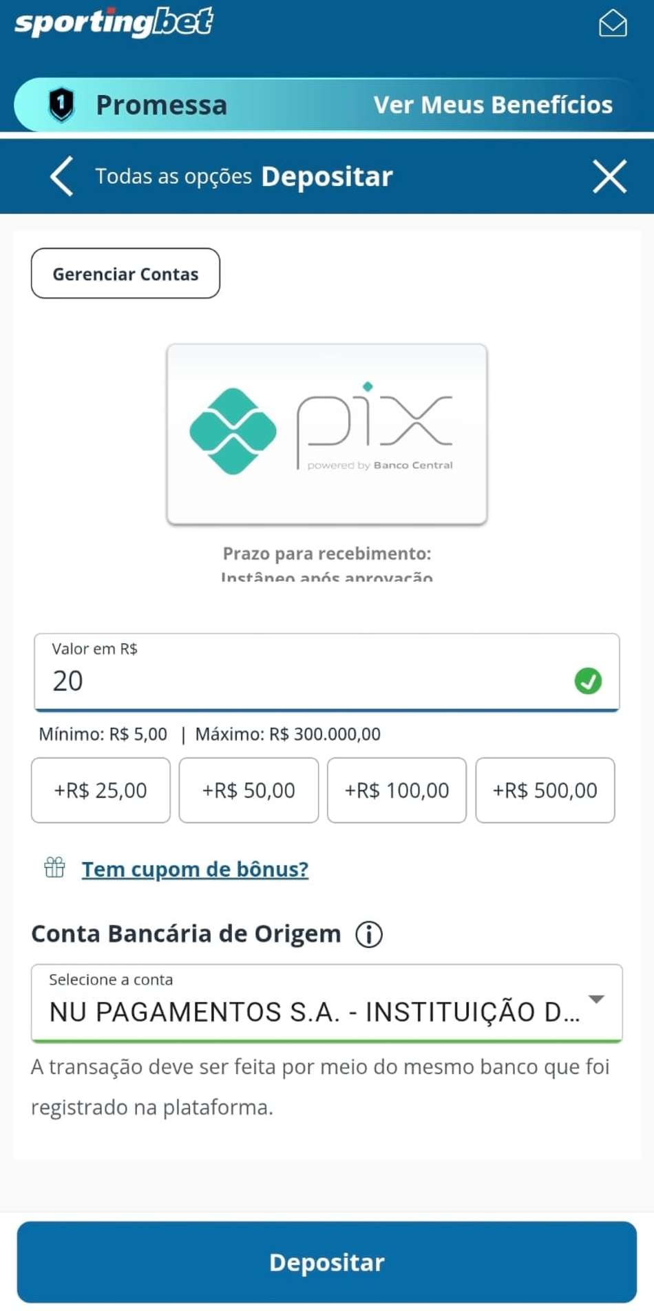 Captura de tela de um depósito na Sportingbet por meio do aplicativo oficial da marca.