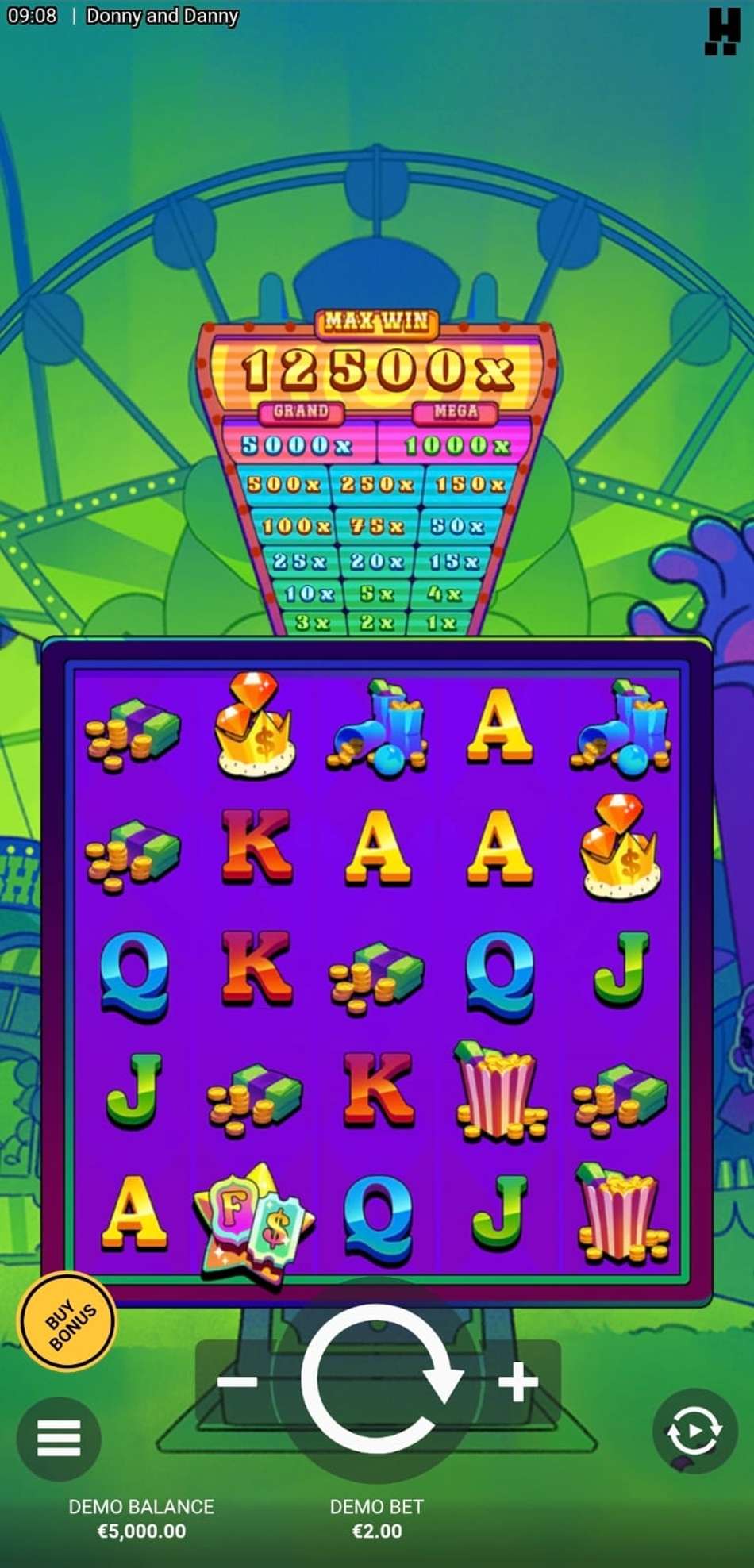 Captura de tela do jogo demo do slot Donny and Danny na página do provedor Hacksaw Gaming.