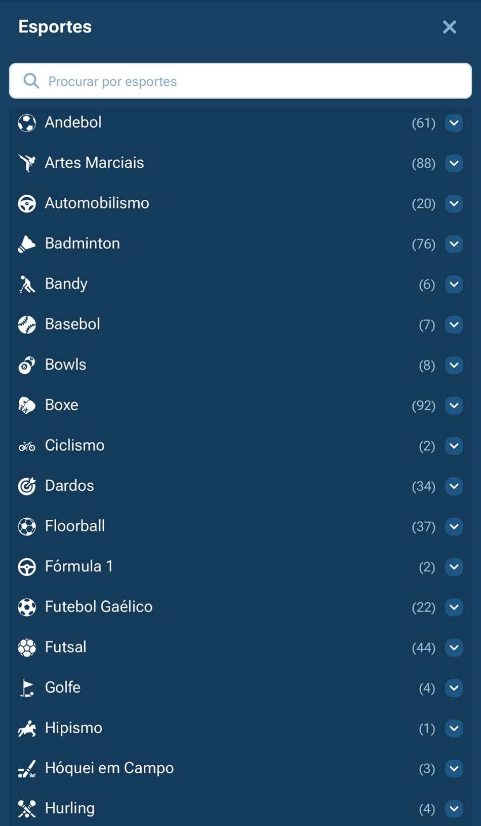 Captura da tela de esportes disponíveis na 1xbet.