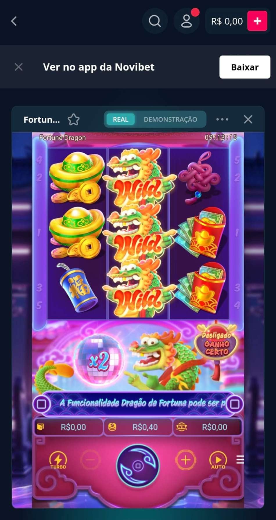 Captura de tela da sessão de jogo no Fortune Dragon, um dos melhores slots disponíveis na Novibet.