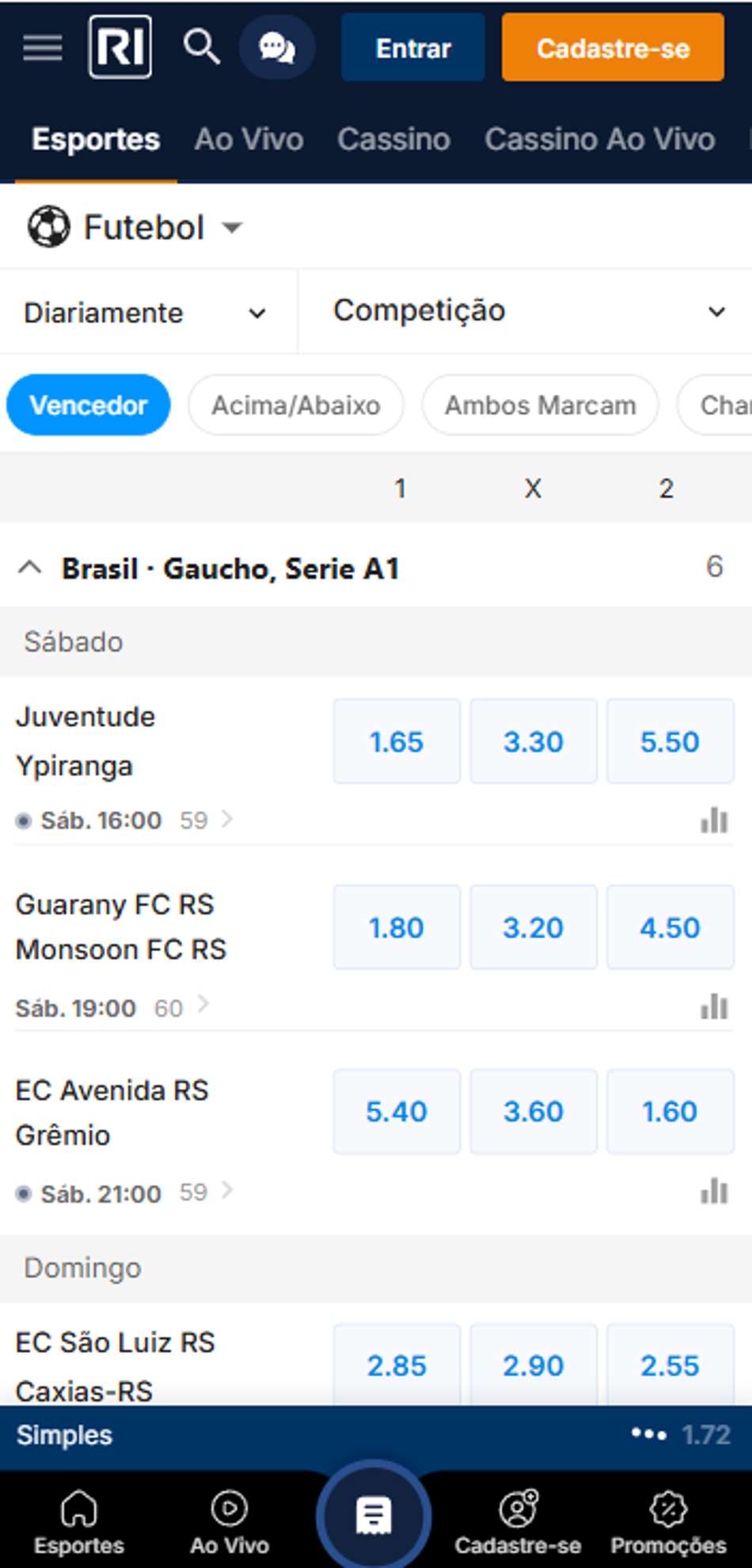 Lista de jogos de futebol disponíveis para apostas na Rivalo