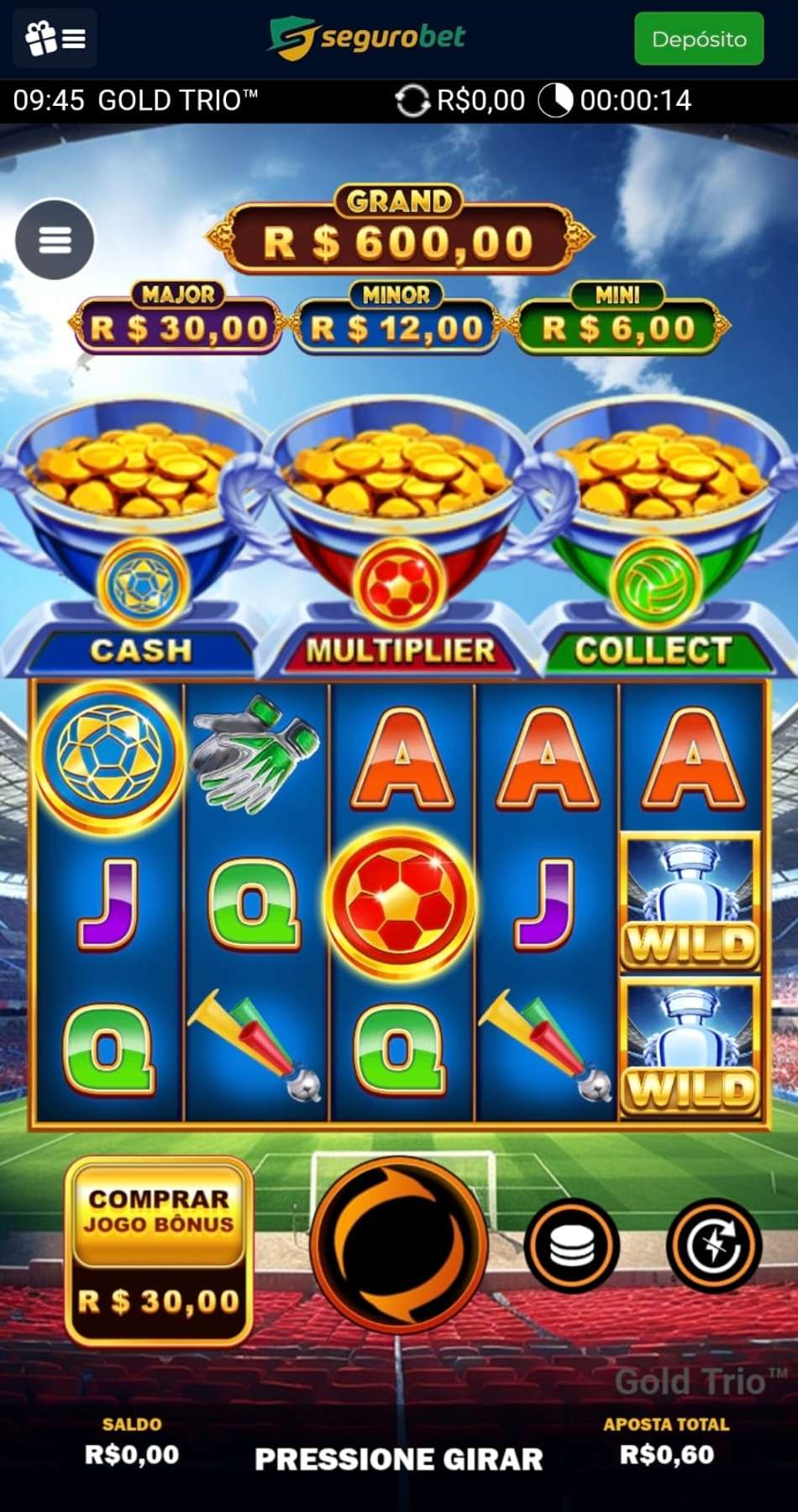 Captura de tela de uma sessão de apostas no slot Gold Trio Football na página da SeguroBet.