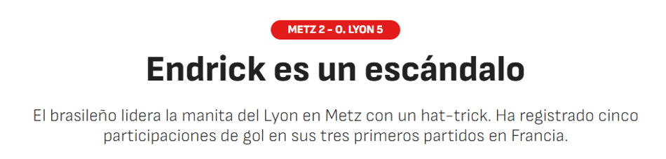 Jornal "As" sobre a atuação de Endrick na partida entre Metz e Lyon (Foto: Reprodução/As)