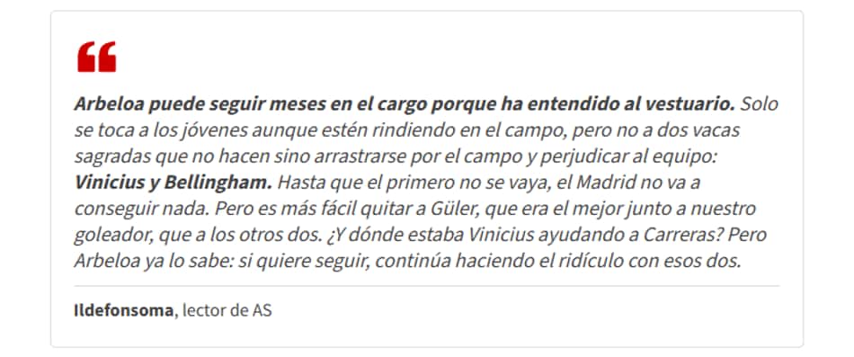 Mensagem de torcedor espanhol falando sobre o Real Madrid no AS (Foto: Reprodução/AS)