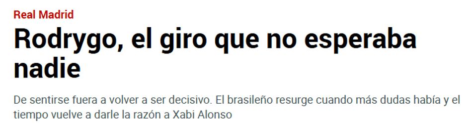 Jornal "Marca" sobre a fase atual de Rodrygo no Real Madrid (Foto: Reprodução/Marca)