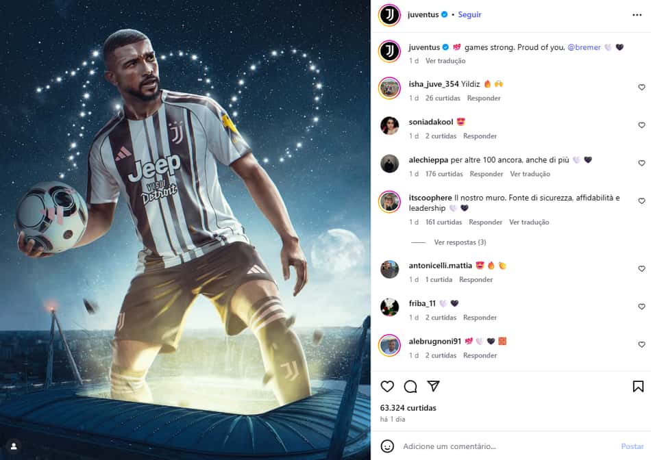 Publicação da Juventus em homenagem aos 100 jogos disputados por Bremer (Foto: Reprodução Instagram/@juventus)