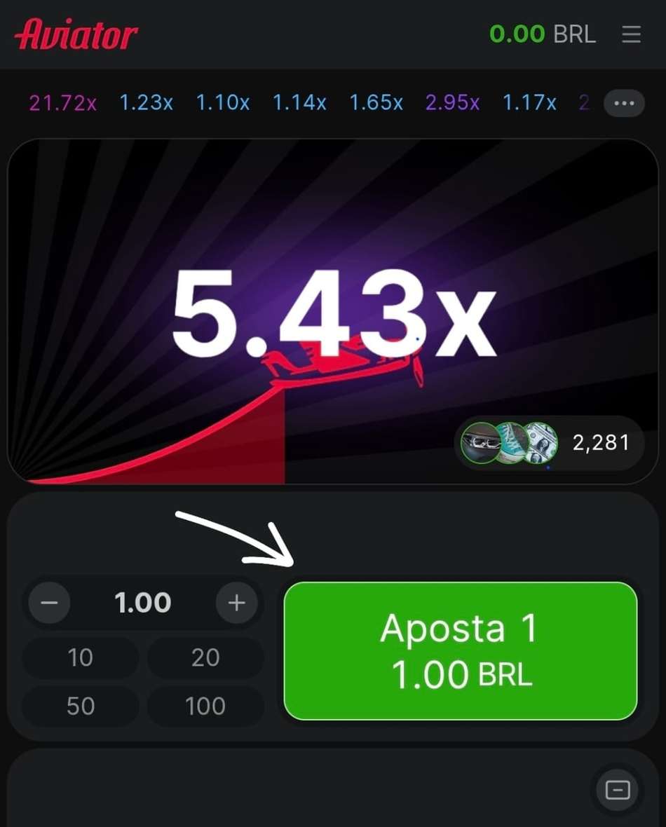 Captura de tela de uma rodada no Aviator da KTO com botão de apostas e multiplicadores.