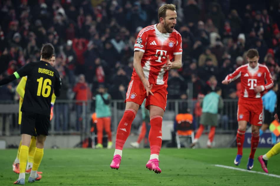 Harry Kane comemora o pênalti que marcou na partida contra Royale Union St-Gilloise, em partida válida pela Champions League 2025/26 (Foto: Karl-Josef Hildenbrand/AFP)