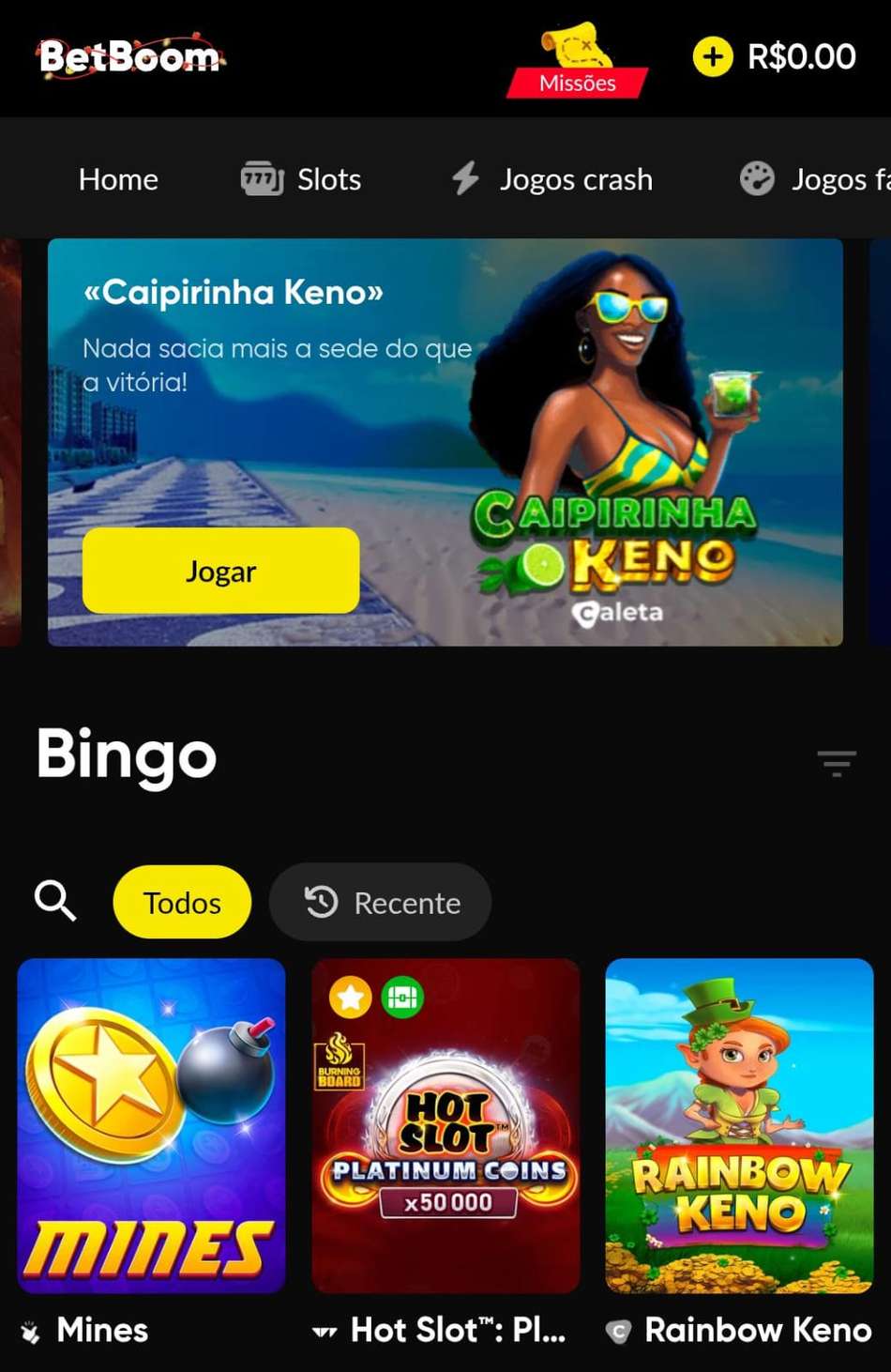 Captura de tela de salas de keno online na BetBoom.