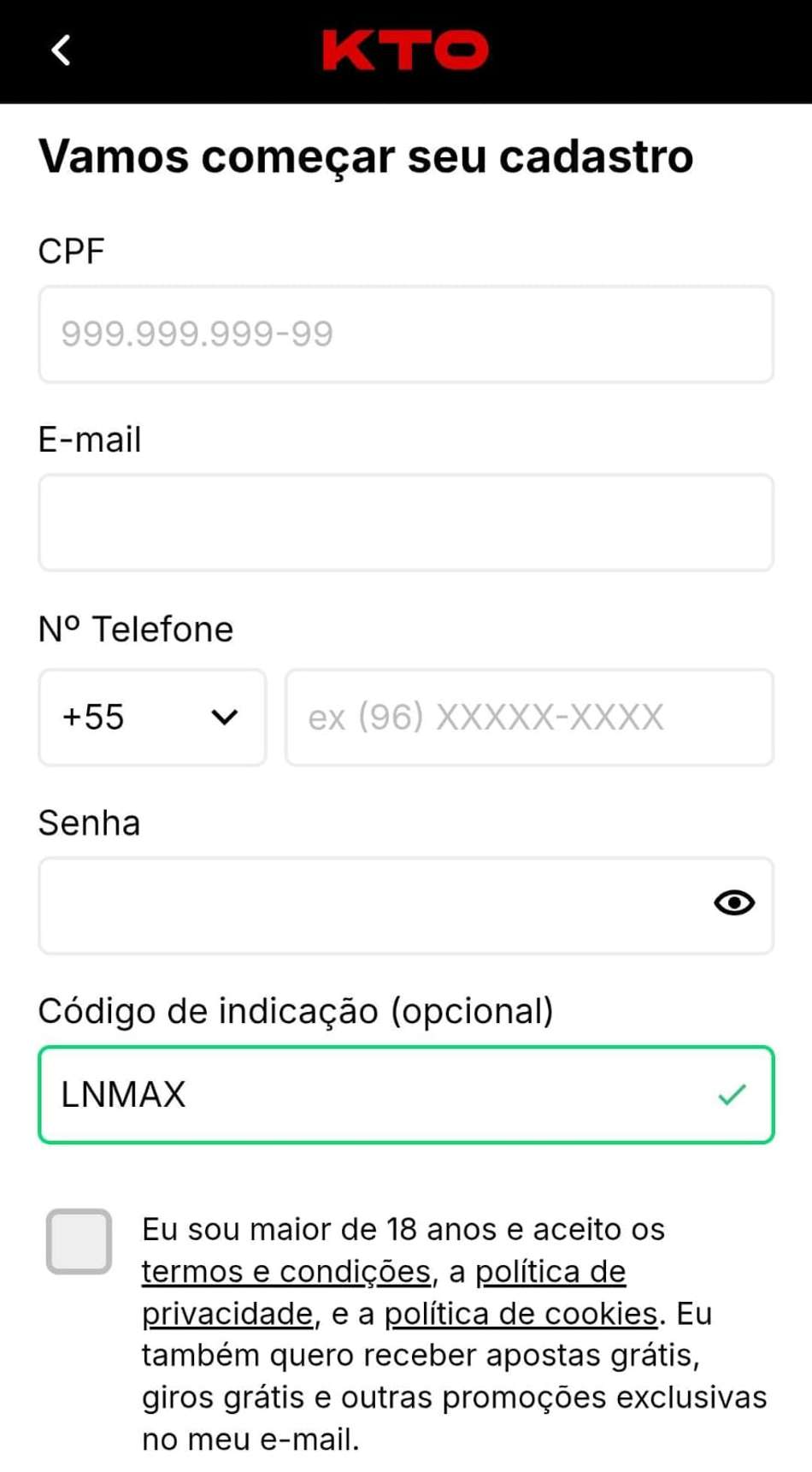 Captura de tela do formulário de cadastro na KTO com o código de indicação LNMAX.