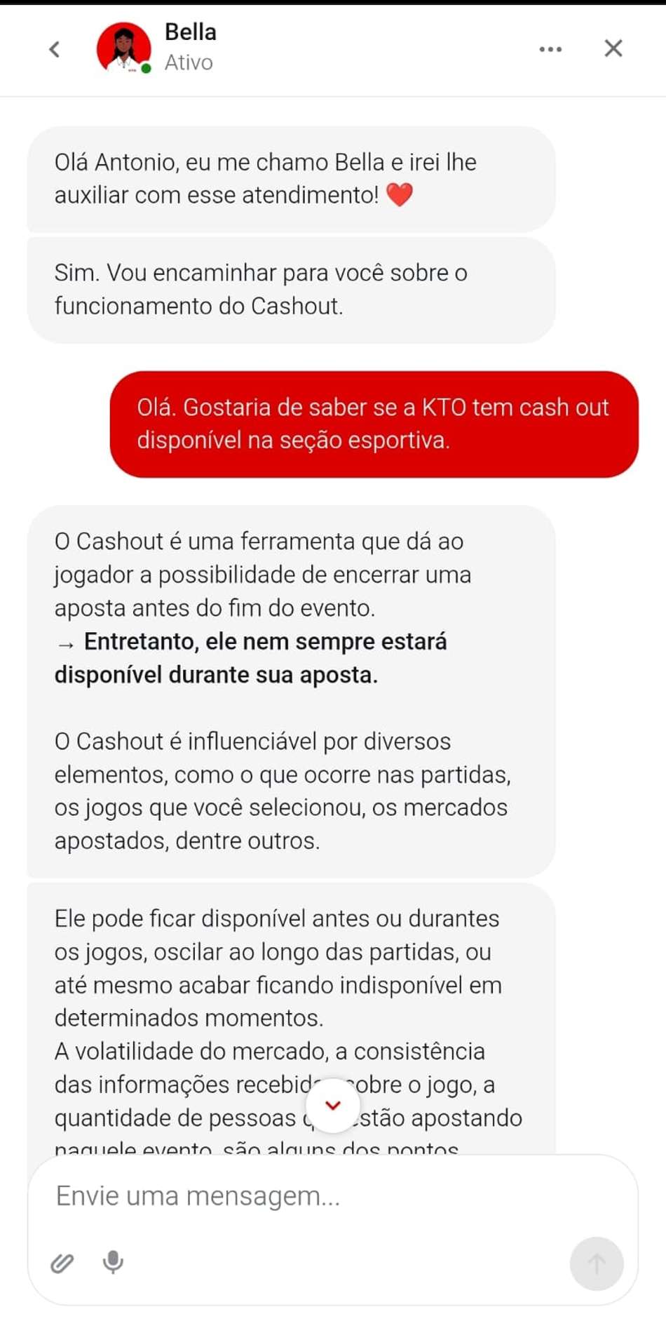 Captura de tela do chat ao vivo da KTO com uma pergunta relacionada ao cash out.