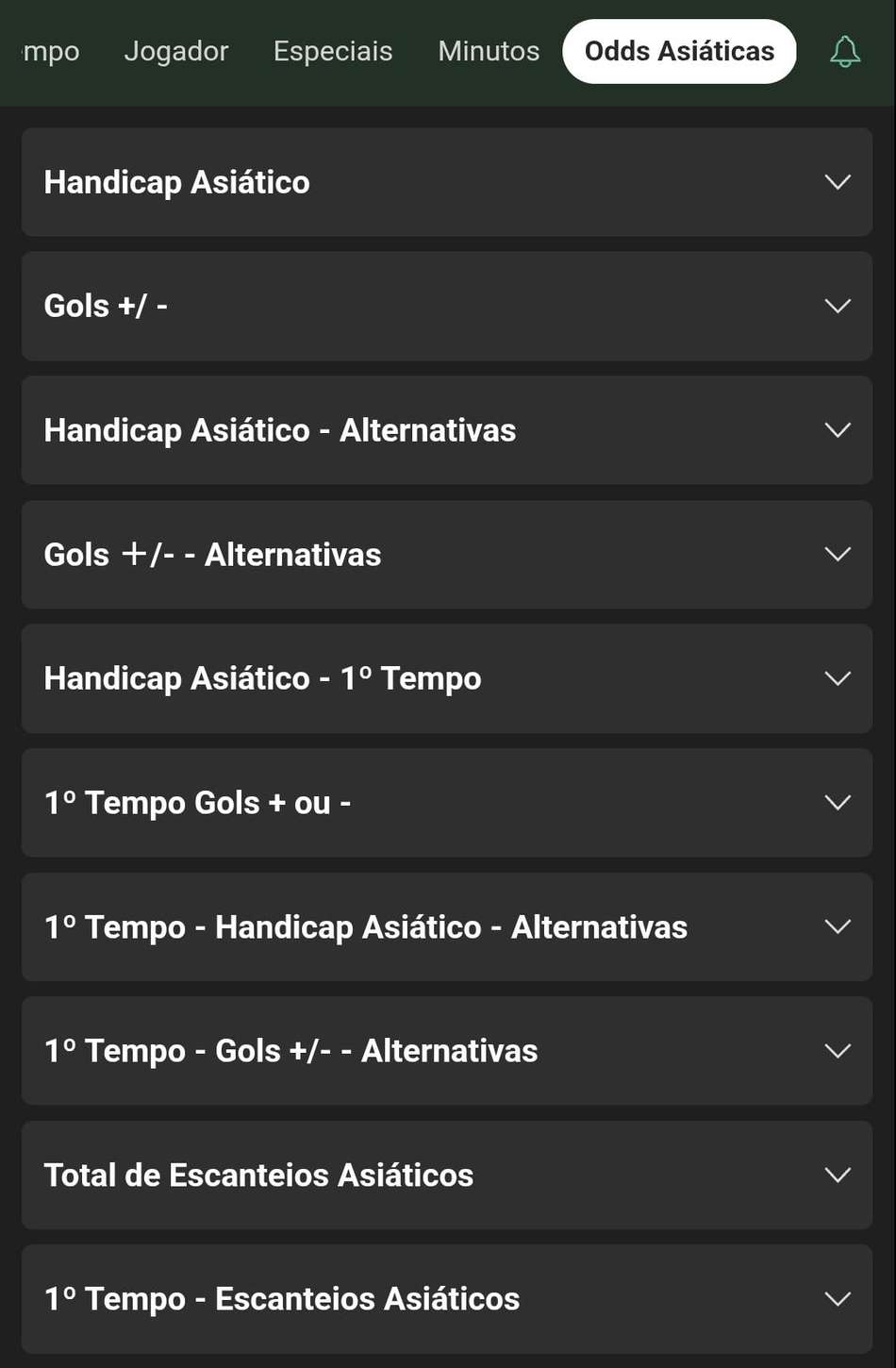 Captura de tela com mercados alternativos de Handicap Asiático na bet365.