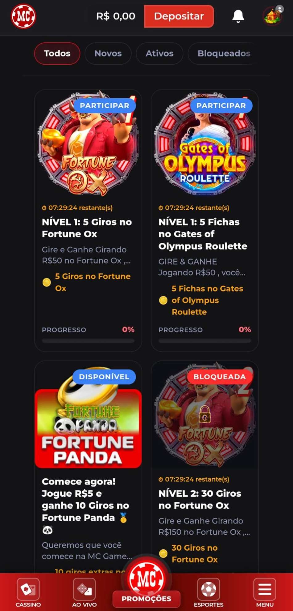 Captura de tela das missões MC Games.