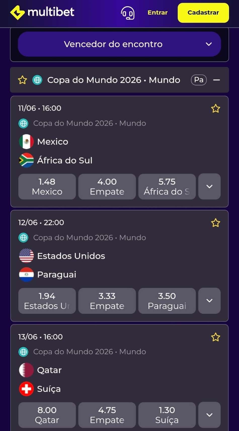 Captura de tela da Multibet com os jogos programados da Copa do Mundo 2026 e os mercados de apostas ativos.