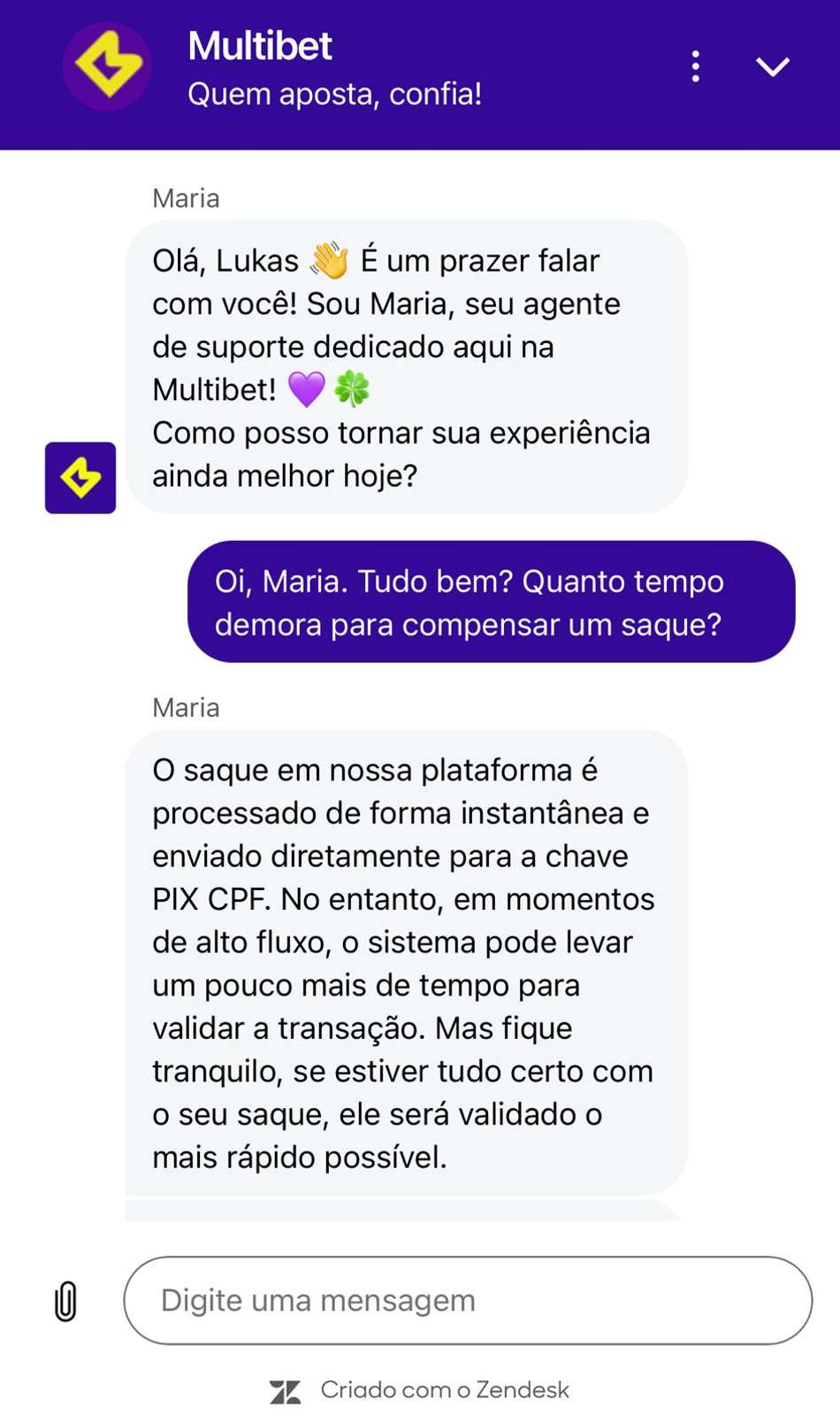 Captura da tela do chat ao vivo da Multibet.