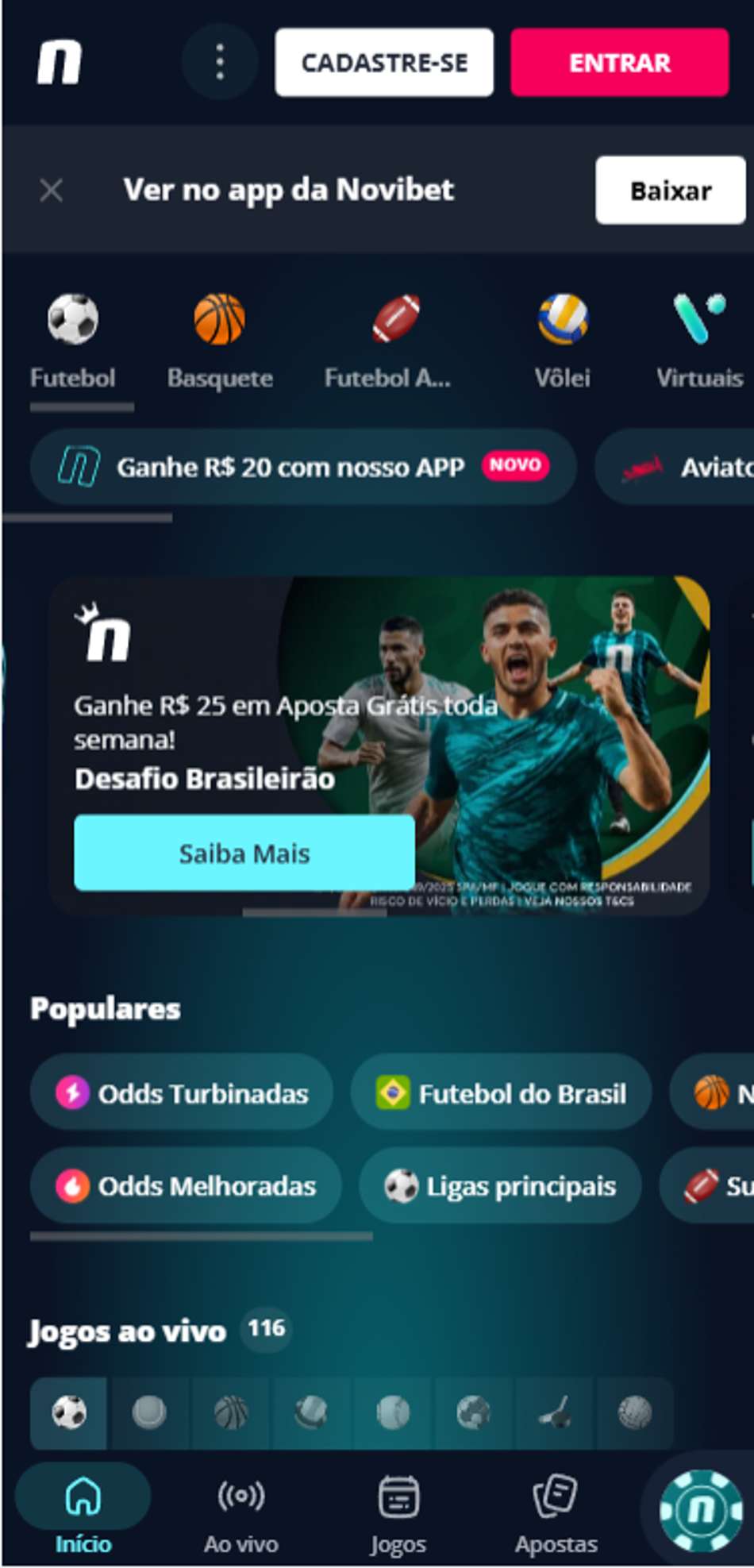 Captura de tela da página inicial do futebol da casa de apostas Novibet.