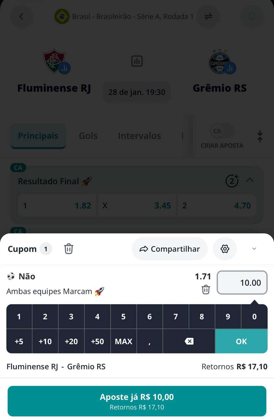 Captura da tela de aposta no Novibet app.