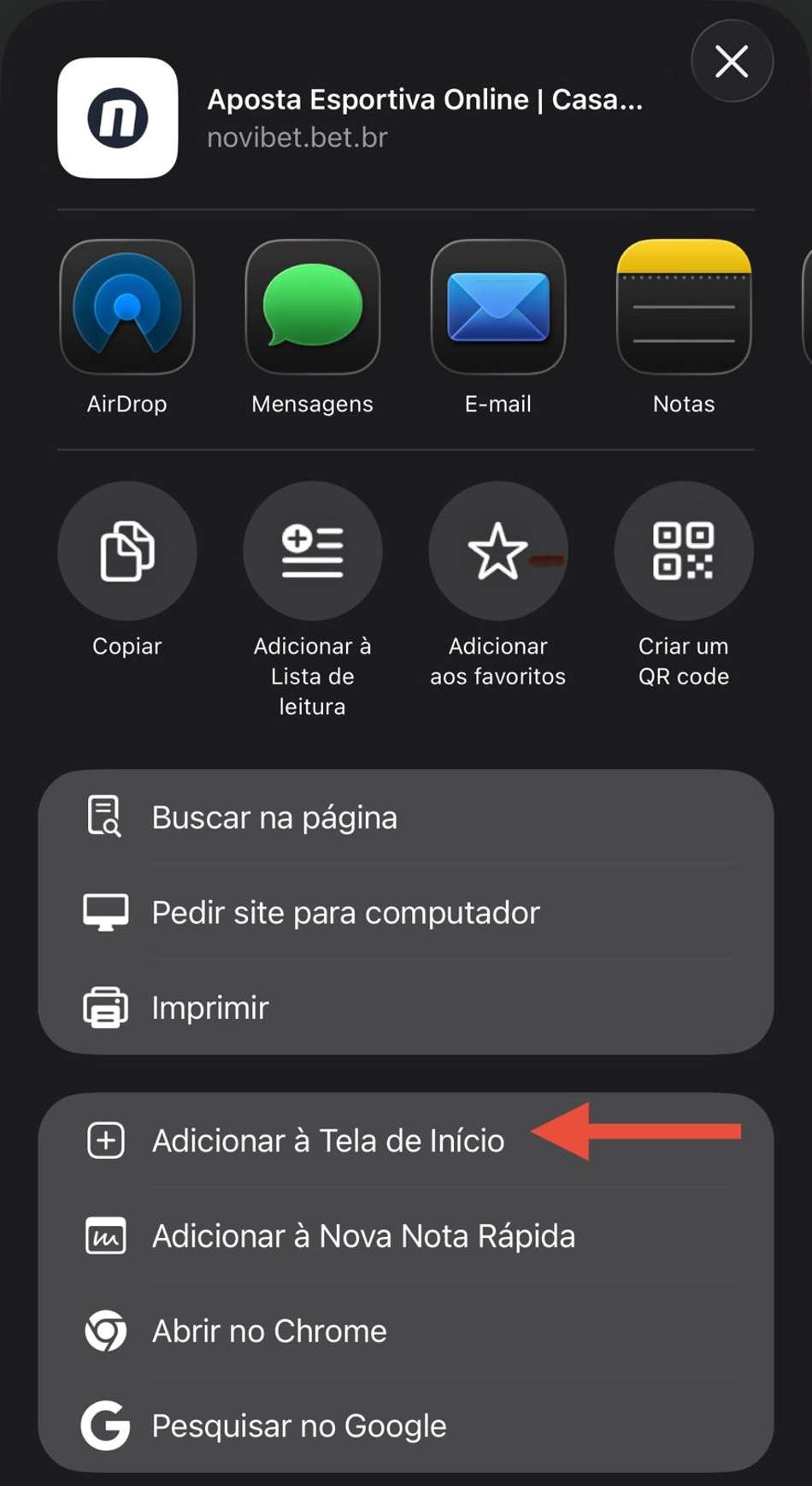Captura da tela de atalho no Novibet app para iOS.