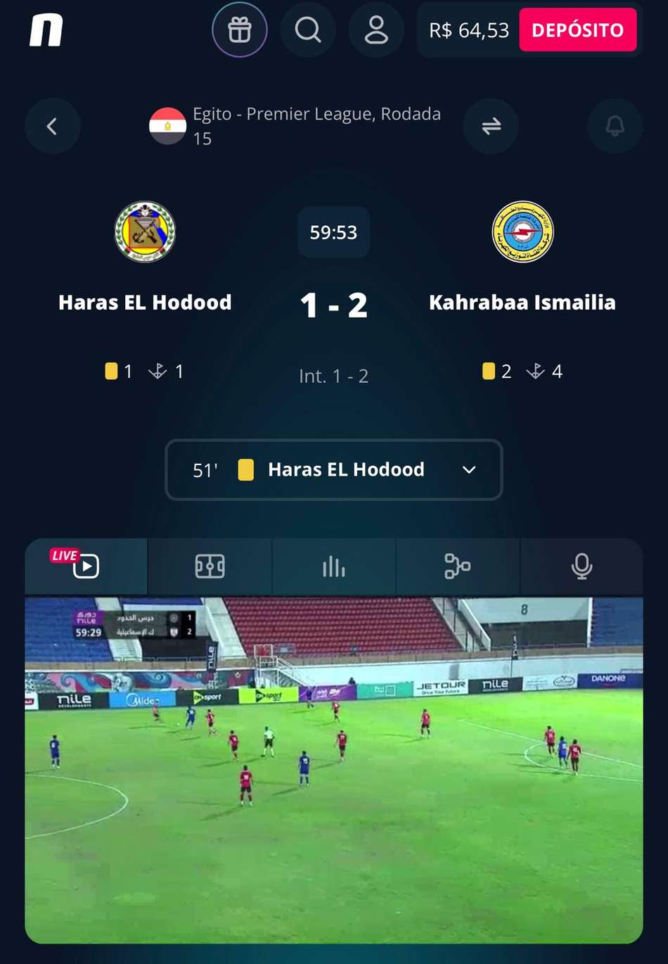 Captura da tela de streaming ao vivo no Novibet app