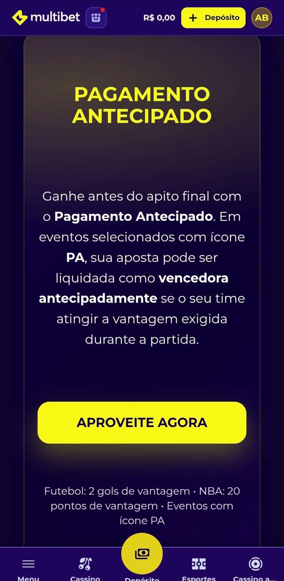 Captura de tela da promoção Pagamento Antecipado na Mutibet com detalhes do funcionamento.