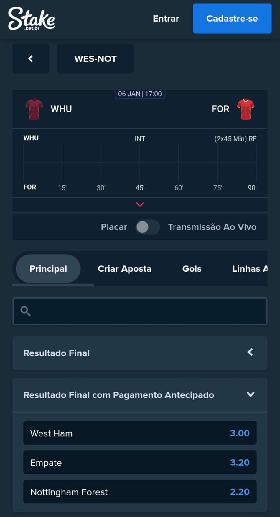 Captura de tela do Pagamento Antecipado na Stake.