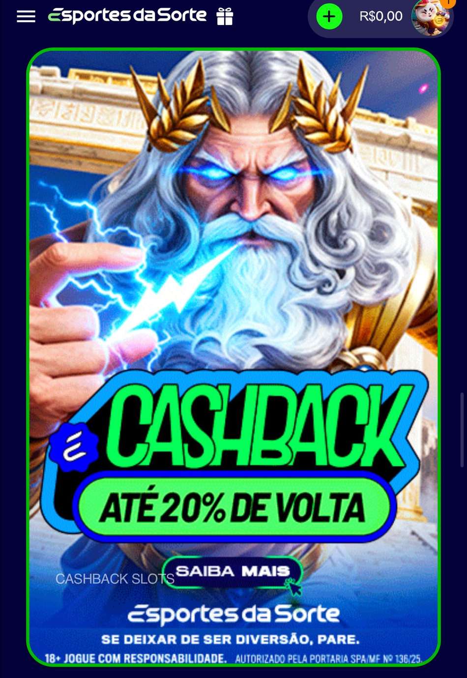 Captura de tela da promoção de cashback em slots, que não precisa do promo code Esportes da Sorte para ser ativada.