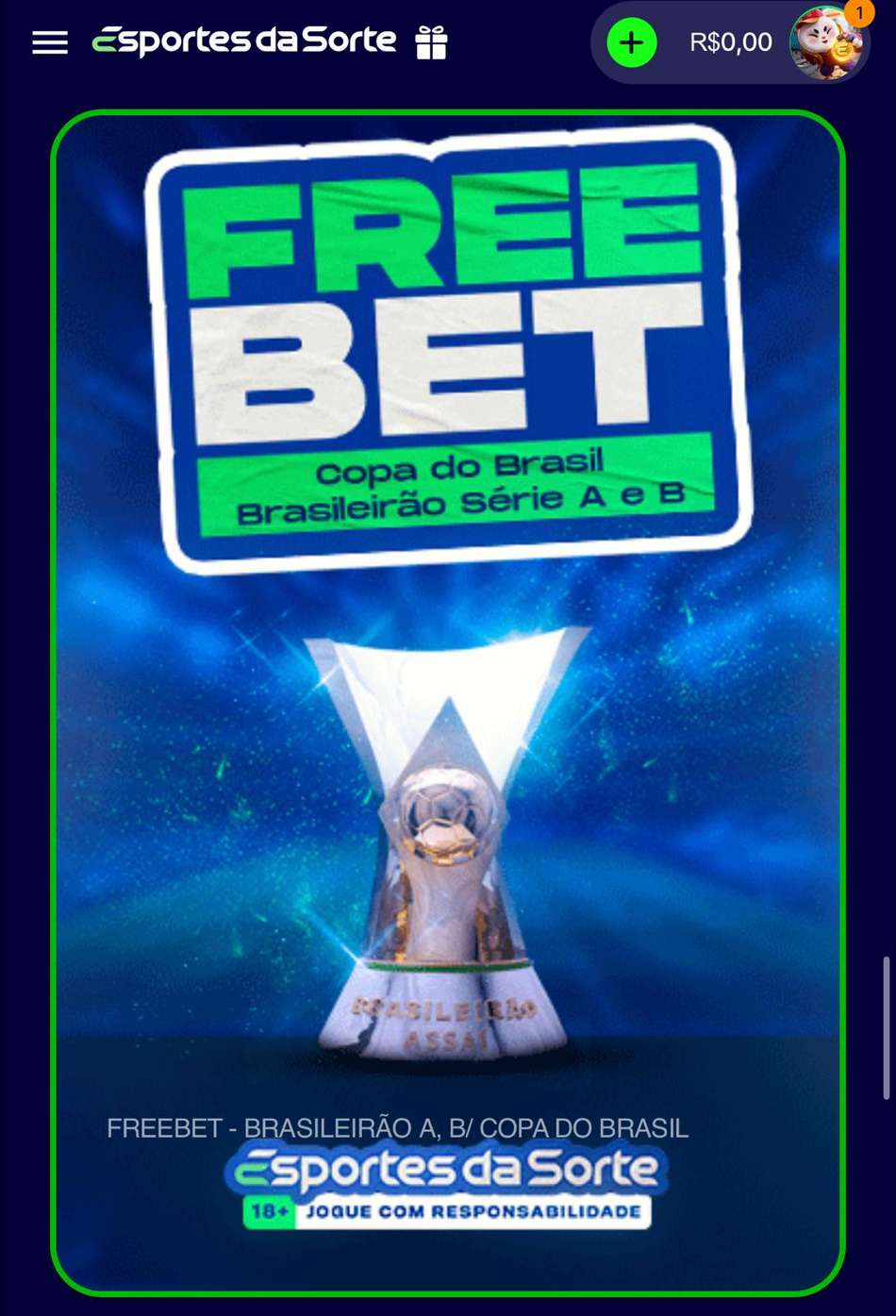 Captura de tela da promoção que dá freebets em apostas esportivas na Esportes da Sorte.