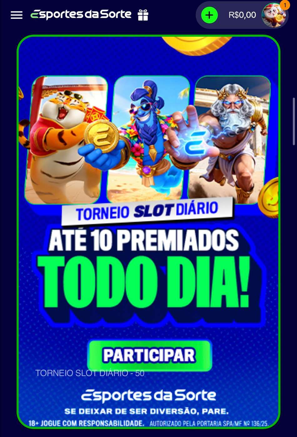 Captura de tela do Torneio Slot Diário, que dispensa o promo code Esportes da Sorte para ser ativado.