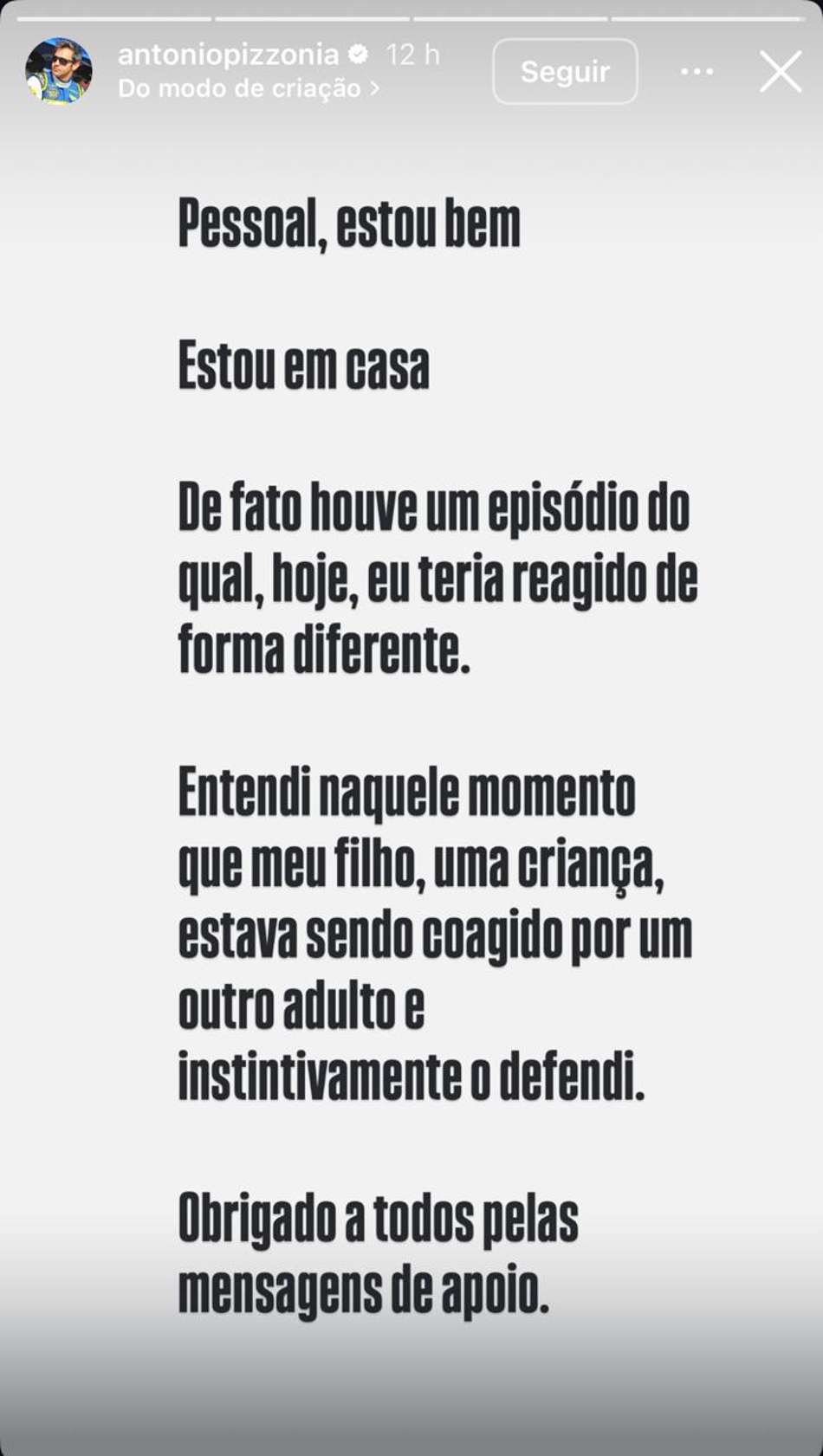 Pronunciamento publicado por Antonio Pizzonia em suas redes sociais