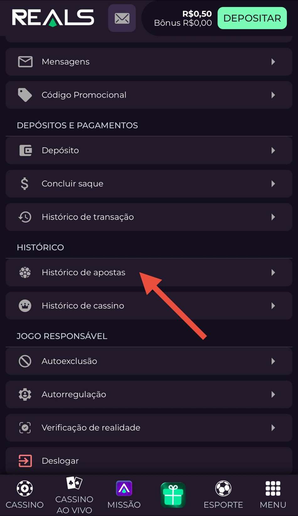 Captura da tela do histórico de apostas na Realsbet.