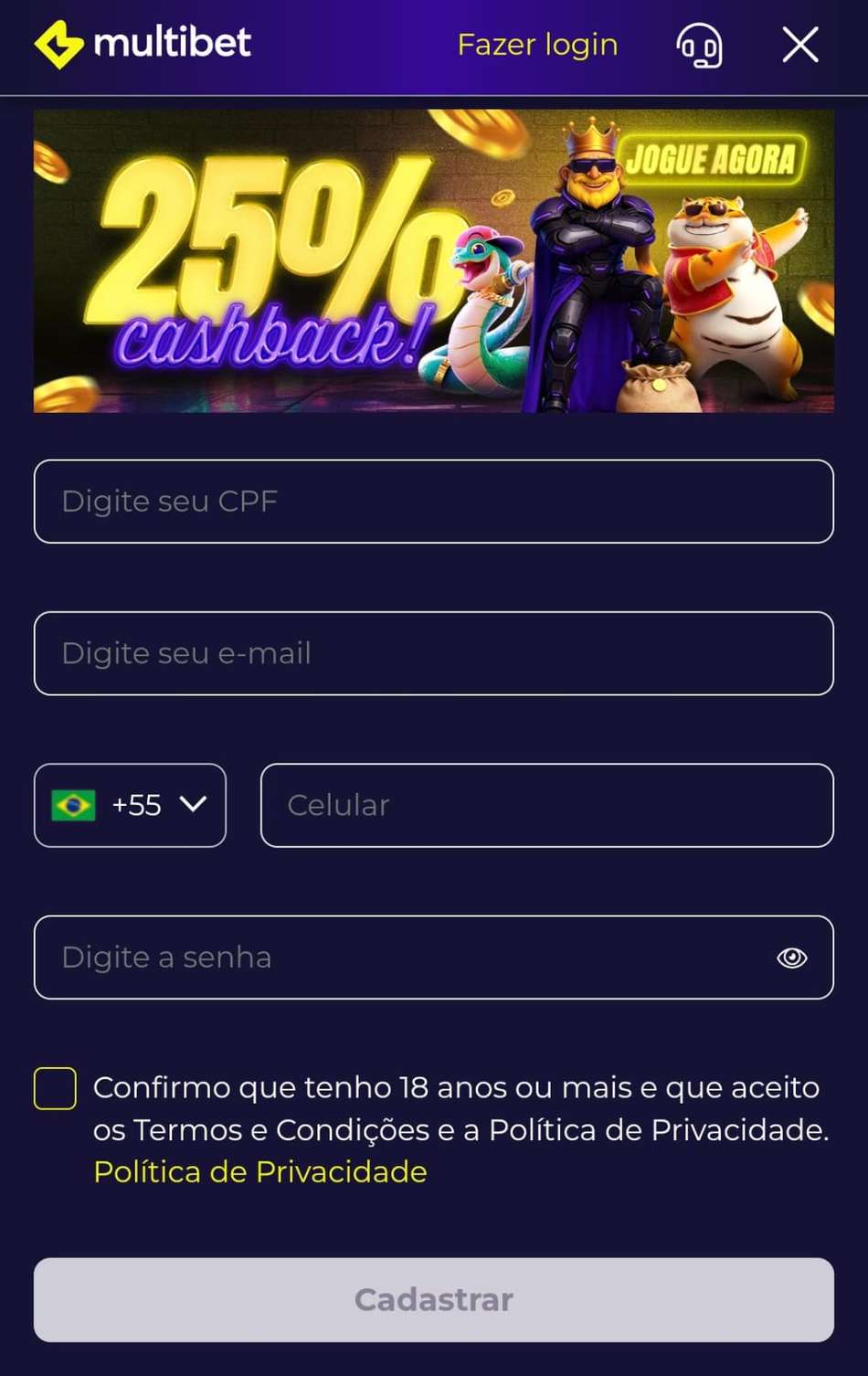 Captura de tela do formulário de cadastro na Multibet Brasil