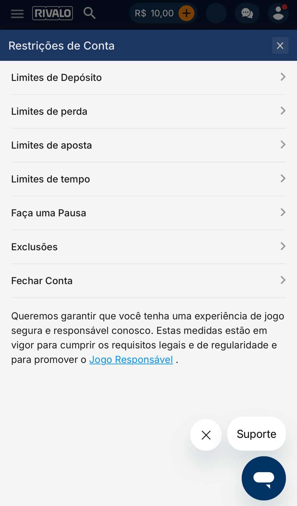 Captura da tela de limitação de conta na Rivalo.