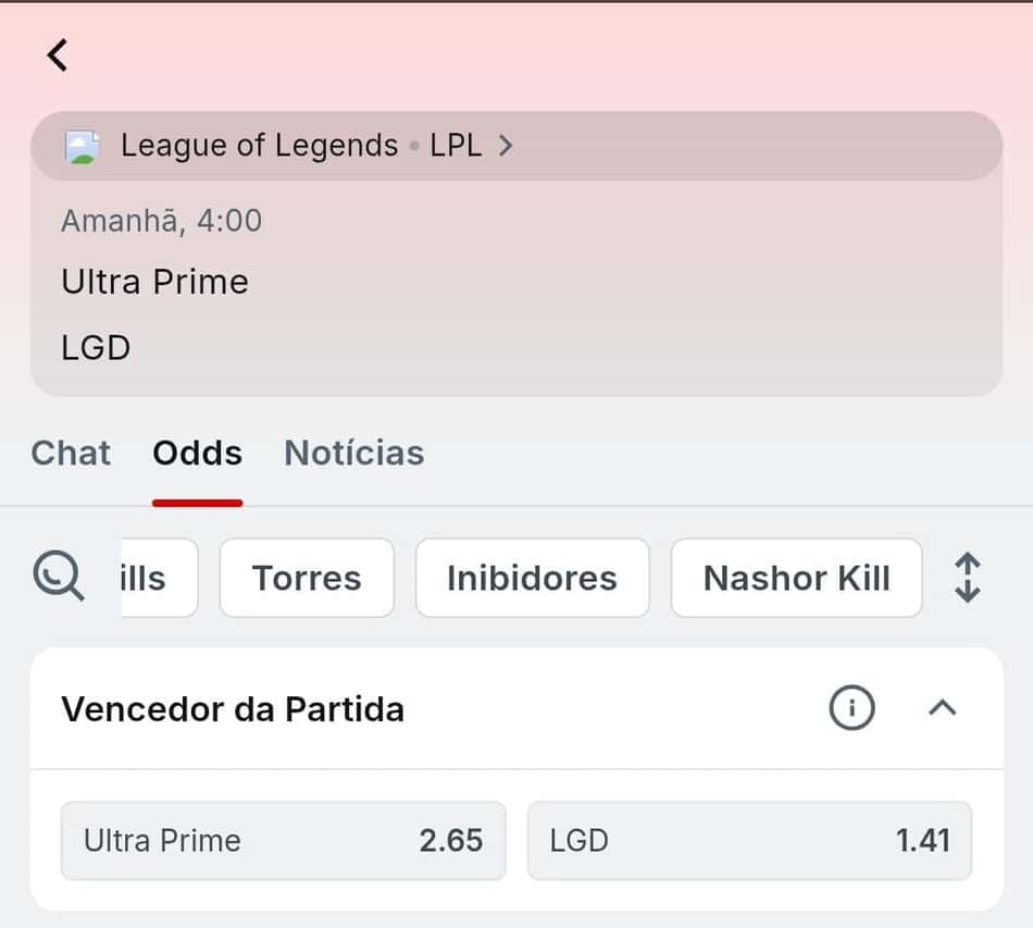 Captura de tela da Superbet com aposta em partida de League of Legends.