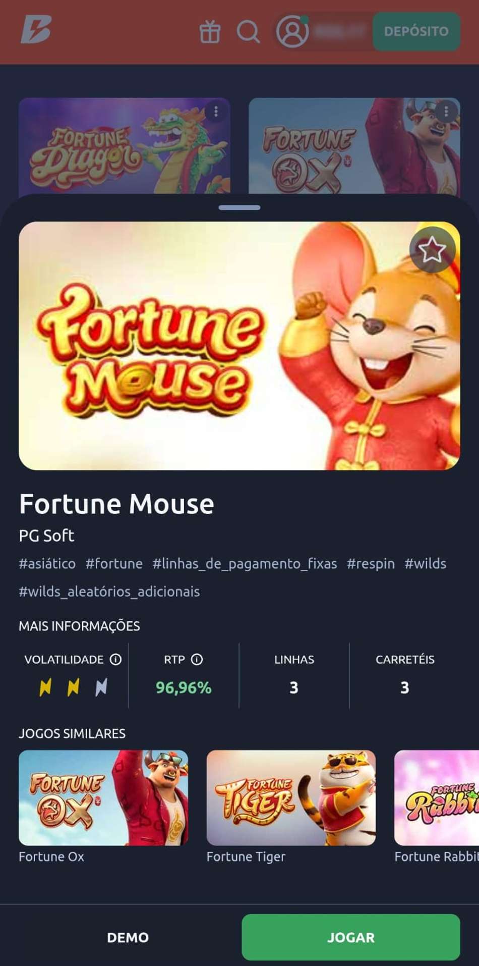 Captura de tela da slot com RTP alto Fortune Mouse no cassino Betano.