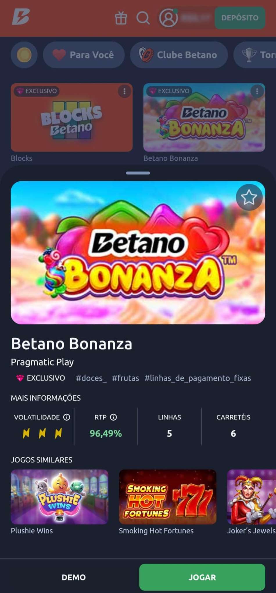  Captura de tela da slot exclusiva que mais paga da Betano chamada Betano Bonanza.