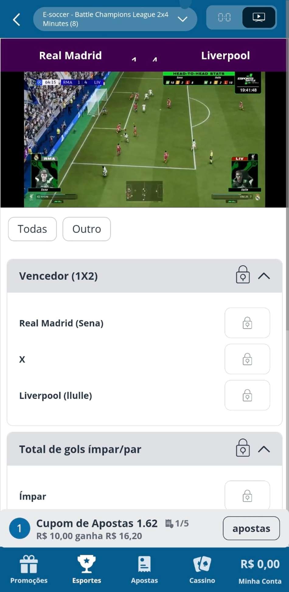 Captura de tela do aplicativo da Sportingbet exibindo um jogo ao vivo no seu serviço de transmissão.