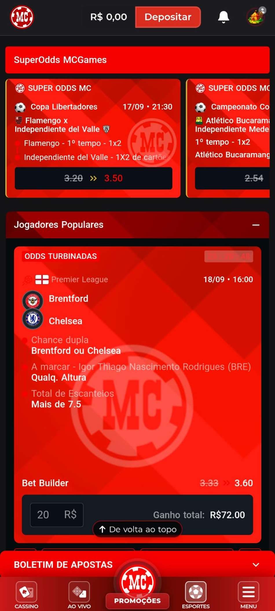 Captura de tela das Super Odds da MC Games.
