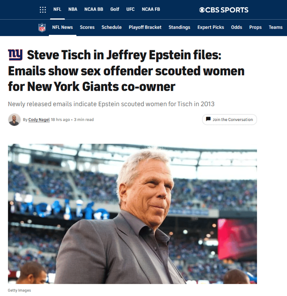 Imprensa dos EUA destaca troca de mensagens de dono do Giants com condenada por tráfico sexual