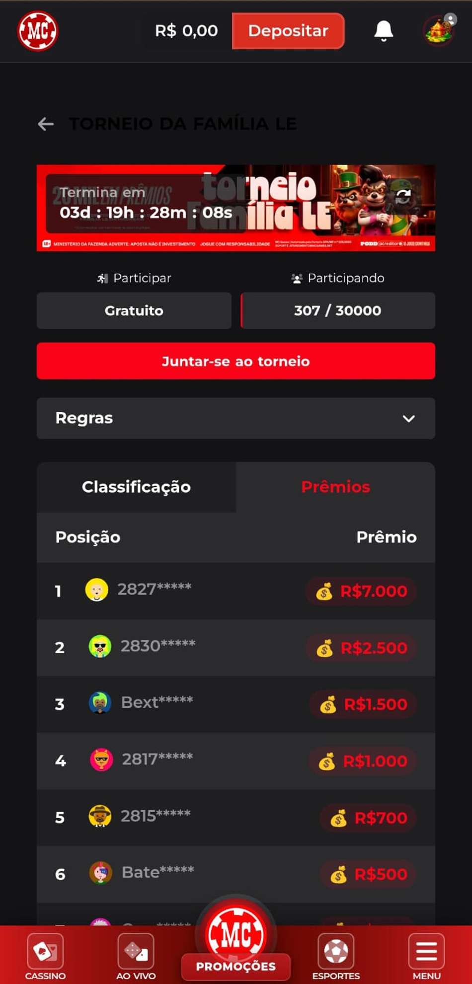 Captura de tela do torneio Família Le do cassino MC Games.