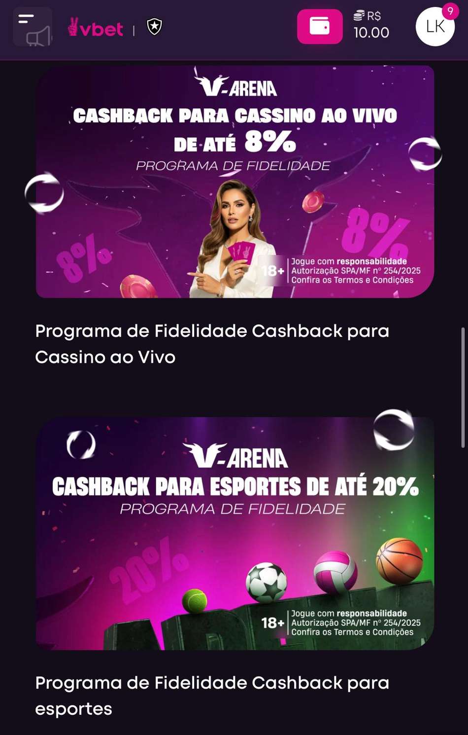 Captura da tela de cashback no Vbet App.