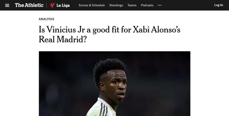 Tradução: "Vinícius Júnior é uma boa opção para o Real Madrid de Xabi Alonso?" (Foto: Arte/Lance!)