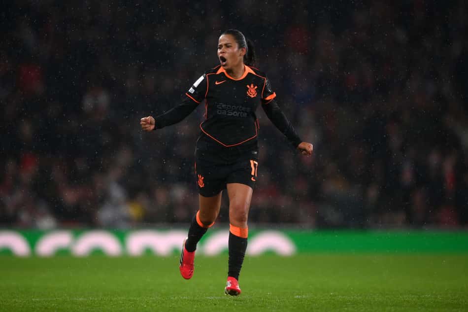 LONDON, ENGLAND - FEBRUARY 01: Vic Albuquerque of SC Corinthians celebrates scoring her team's second goal during the FIFA Women's Champions Cup 2026 Final match between Arsenal Women FC and SC Corinthians at Arsenal Stadium on February 01, 2026 in London, England. (Photo by Harriet Lander - FIFA/FIFA via Getty Images)
