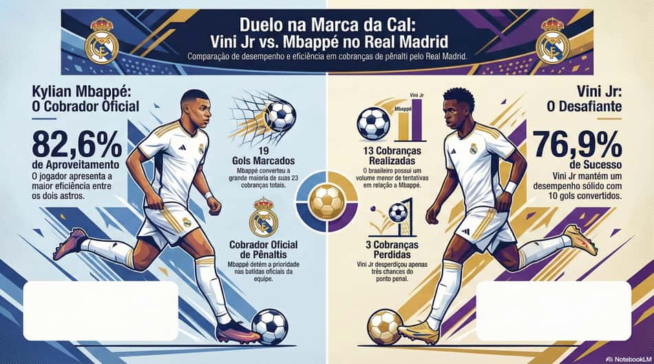 Desempenho de Mbappé e Vini Jr em cobranças de pênaltis pelo Real Madrid