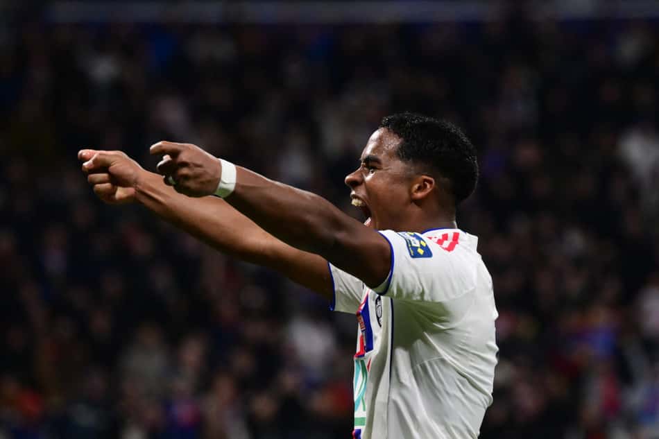 Olho no Lance!: Endrick (#9) comemora em jogo do Lyon pelas oitavas de final da Copa da França 2025/26 (Foto: Olivier Chassignole/AFP)