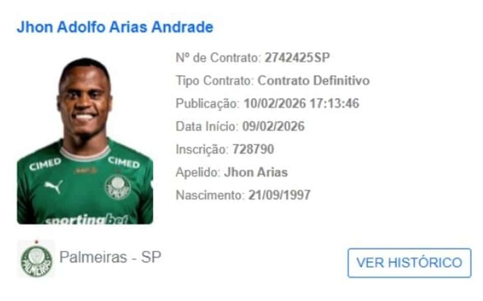 Arias é registrado no BID e está liberado para estrear pelo Palmeiras