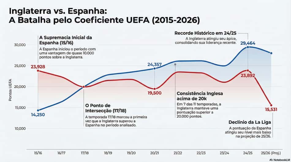 Pontuação da Federação da Espanha e Federação da Inglaterra nos últimos 10 anos no ranking da Uefa. (Arte: NotebookLM)